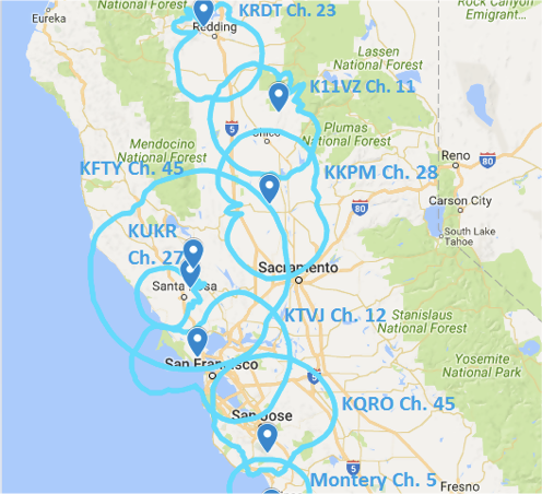 Broadcast coverage contour map for Northern California and the Bay Area
