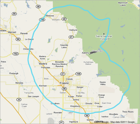 Broadcast coverage contour map for Fresno