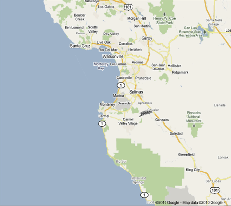 Broadcast coverage contour map for Monterey and Salinas