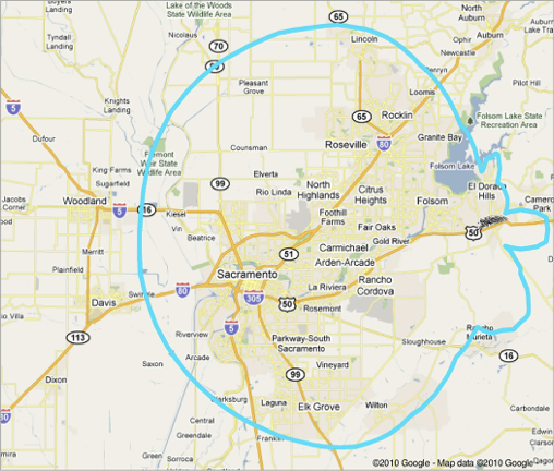 Broadcast coverage contour map for Sacramento