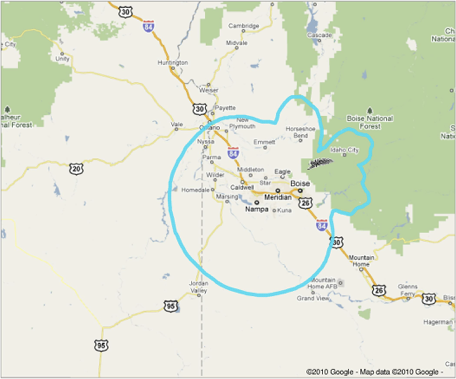 Broadcast coverage contour map for Boise, Idaho