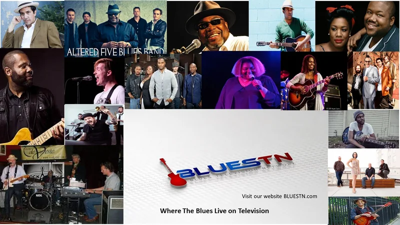 A collage of blues artists carried on BTN, arranged around the BLUESTN logo